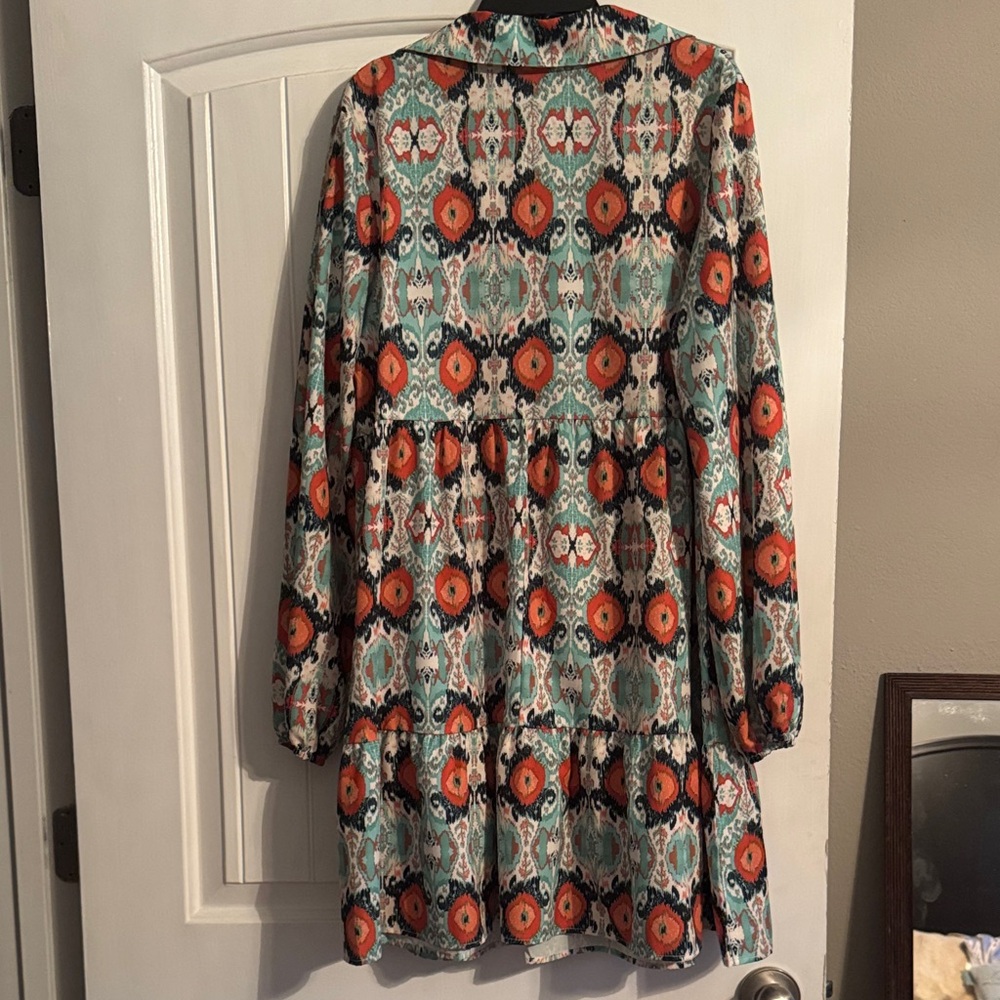 Boho Floral Tiered Long Sleeve Dress - Orange & Teal - Picture 3 of 3